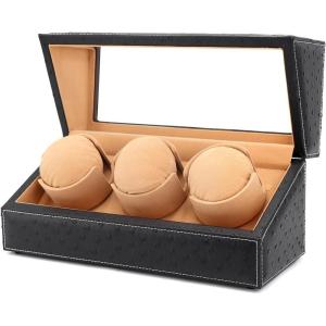 imageAutomatic Watch Winder for Rolex and Other Luxury Watches  Automatic Winder with Quiet Motor Premium Black Ostrich Leather Exterior and Soft Flexible Watch Pillows of Camel Velvet