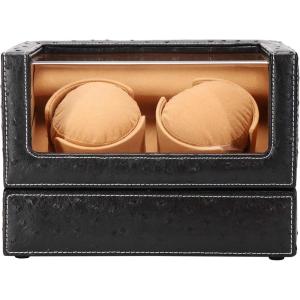 imageDouble Watch Winder for Rolex and Other Luxury Watches  Automatic Winder with Quiet Motor Premium Black Ostrich Leather Exterior and Soft Flexible Watch Pillows of Camel Velvet